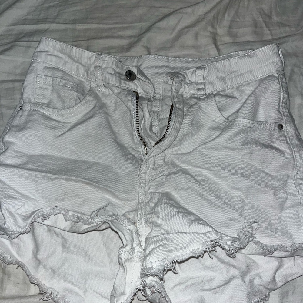 SHEIN White Jean Shorts with Distressed Details